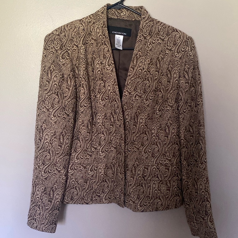 Jones NY Brown Jacquard Hidden Button Blazer